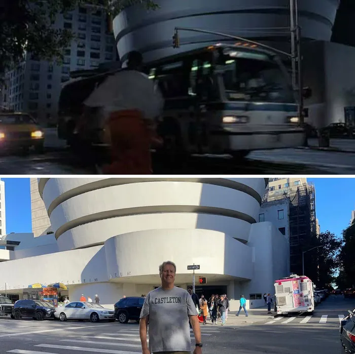 Guggenheim Museum, famous movie location, with a scene from the film and a tourist visiting.
