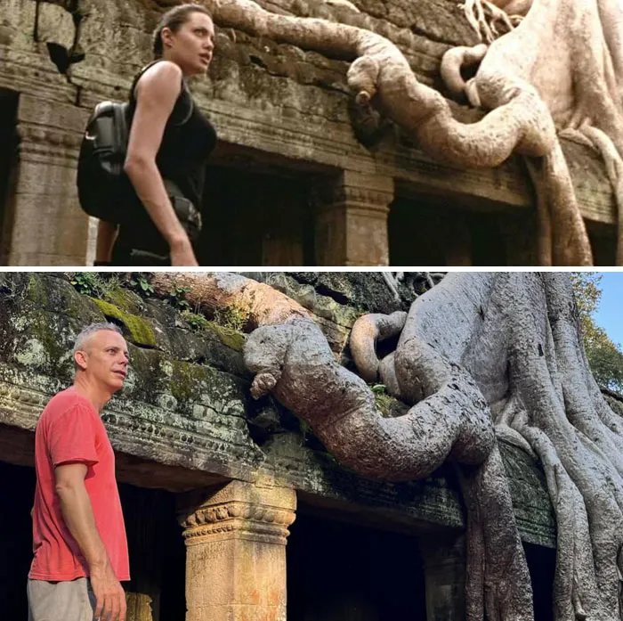Ta Prohm temple with tree roots featured in a famous movie scene, highlighting the location's cinematic legacy.