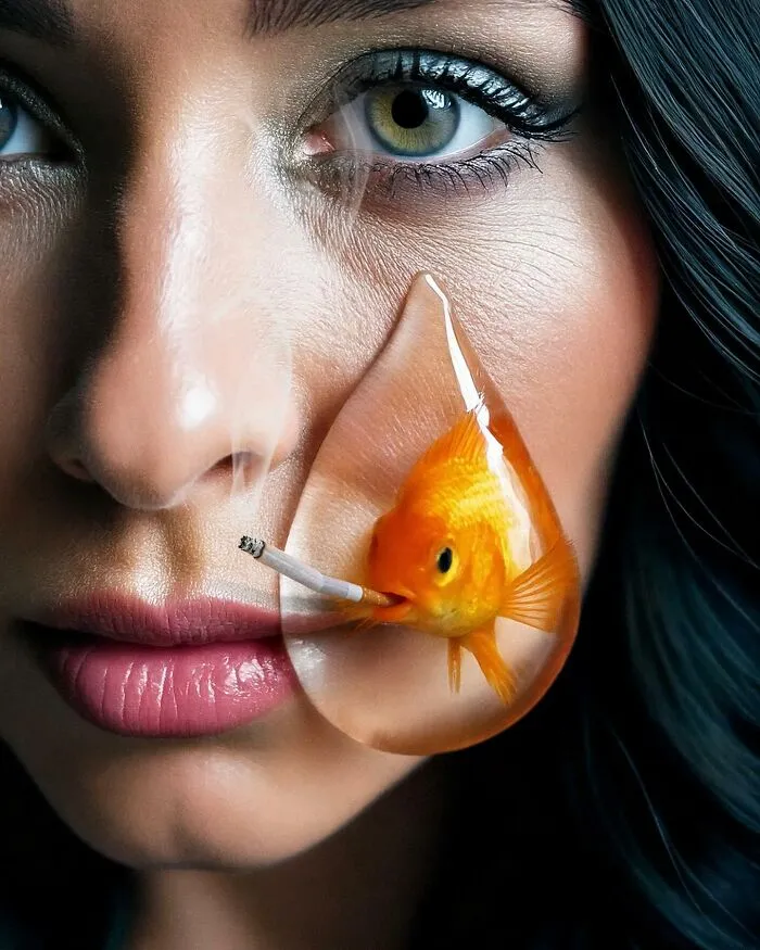 Turkish artist collage features a surreal fish with a cigarette next to a woman's face, emphasizing unexpected art.