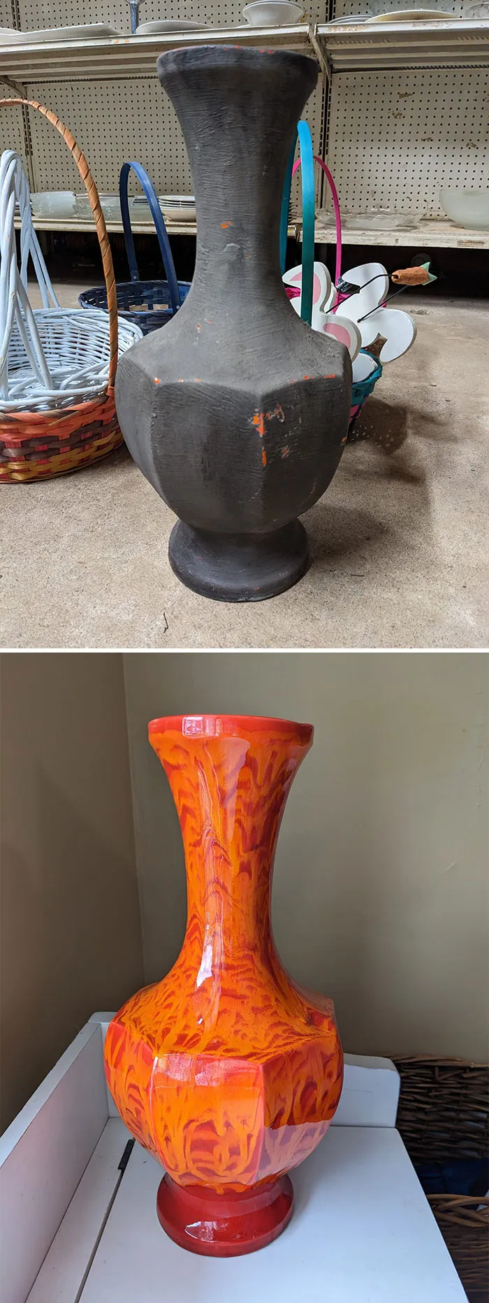 Before And After. Found In A Local Thrift Store. I'm Not A Vase Person Really But The Color Peeking Out From Under The Black Paint Was Just Begging To Be Revealed