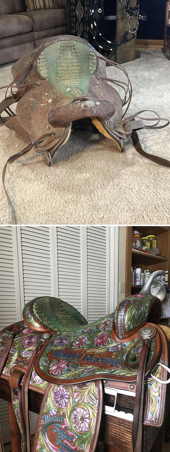 From Trash To Treasure, Barn Find… A Very Neglected Trophy Saddle From Many Years Ago. Great Accent Piece