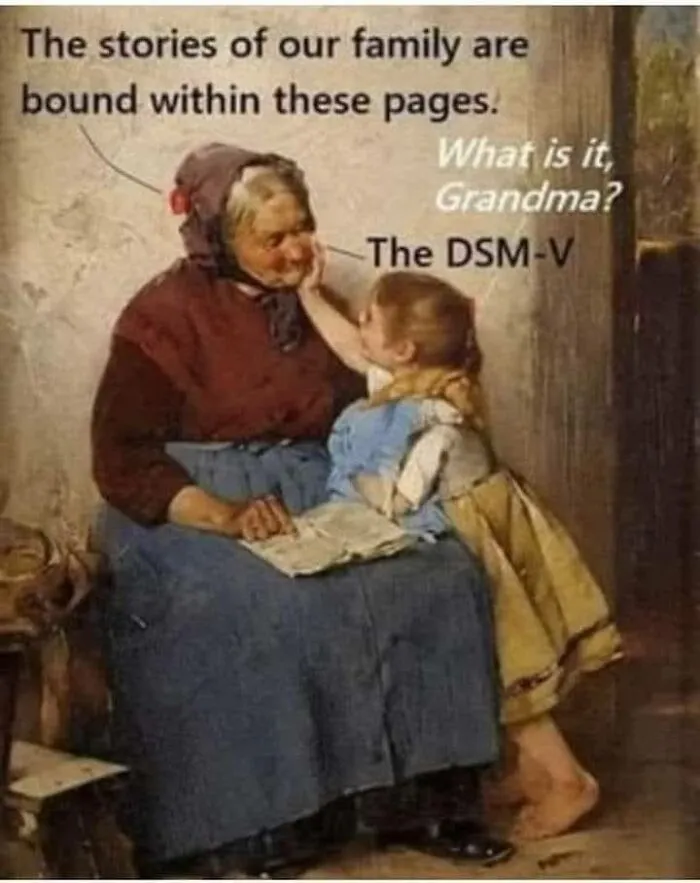 Old woman and girl in a humorous classical art meme, discussing a book titled "The DSM-V."