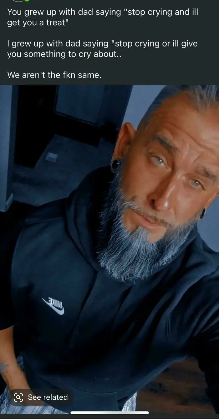 Man with gray beard and Nike hoodie relates to tough guys looking cool