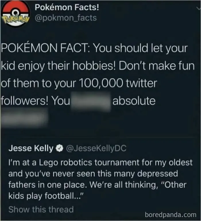 Pokémon fact tweet humorously criticizing a father's social media post about a robotics tournament.