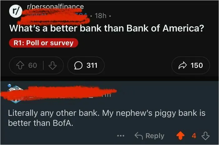 Social media post showcasing a humorous burn comparing Bank of America to a nephew's piggy bank.
