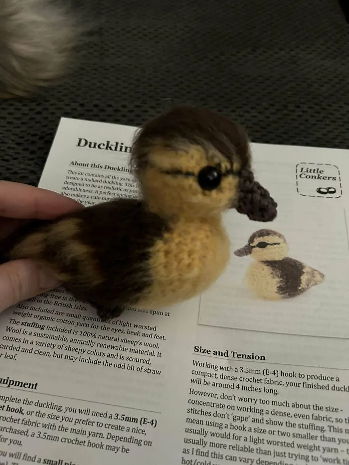 Crocheted duckling on crochet instruction booklet with visible text and images.
