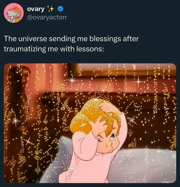 Tweet showing a cartoon child shielding from sparkling golden lights, illustrating humor as a coping mechanism.