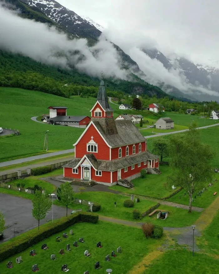 1934 Wooden Olden Church Near The Mountains Of Stryn, Vestland County, Norway