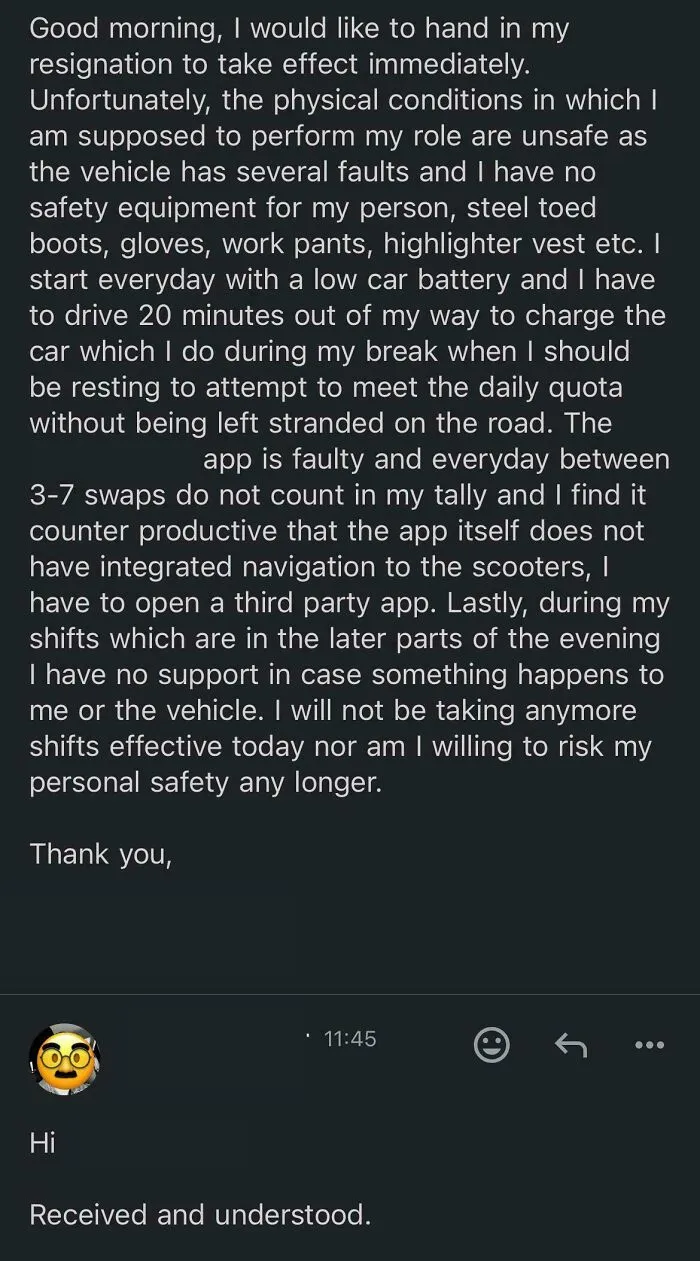 Text message resigning from a job due to unsafe conditions, highlighting people quitting jobs.
