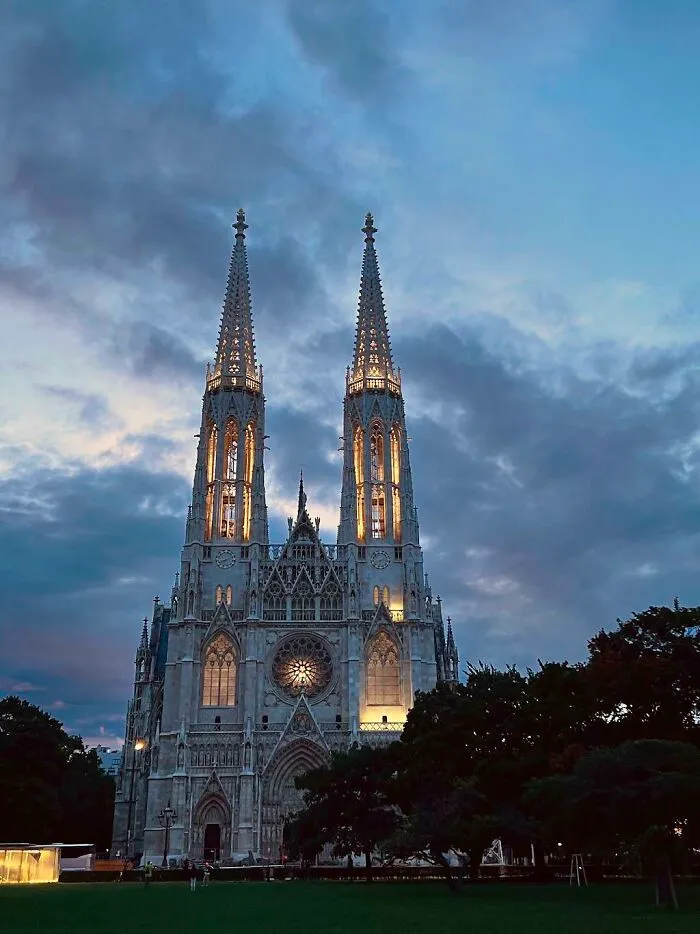 The Votivkirche, Vienna, Austria. Is A Neo-Gothic Style Church, Architect Heinrich Von Ferstel. At Night It Is Magic