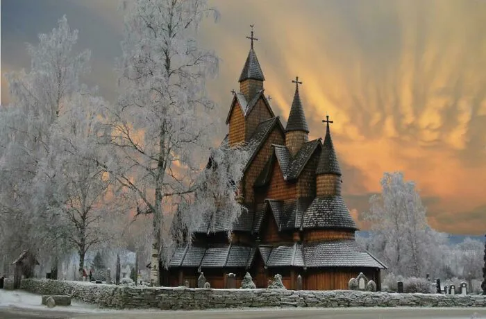 Borgund Stave Church In Norway, Built From Wood Without A Single Nail. From The Late 12th Century