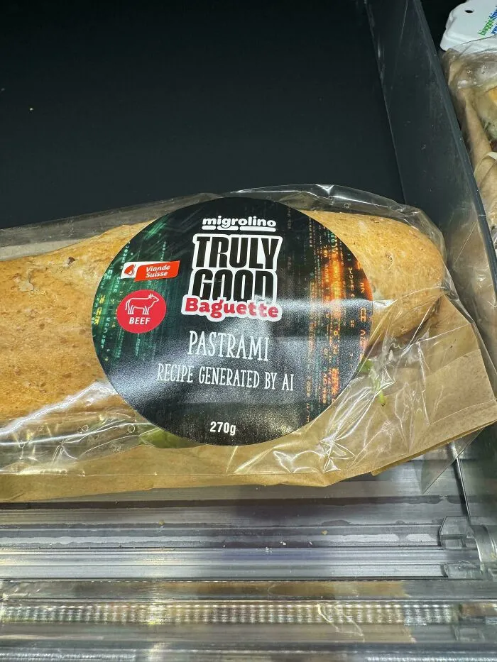 Pastrami baguette with beef, labeled truly good, recipe generated by AI, displayed in a plastic and paper wrapper.