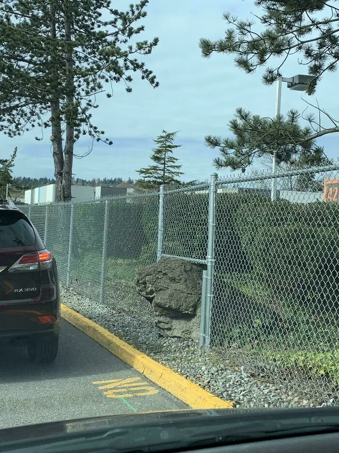 Valla construida alrededor de una roca en el aparcamiento de Costco