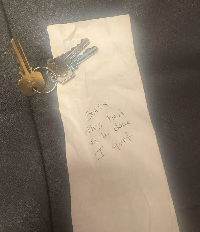 Keys with a handwritten resignation note symbolize people quitting jobs.