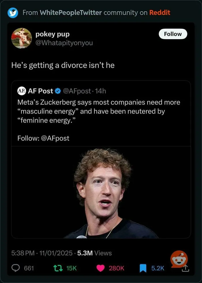 Tweet discussing gender energy in companies, with humorous comment on personal life, from WhitePeopleTwitter on Reddit.