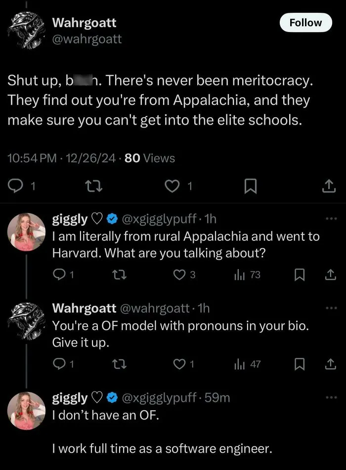 Social media exchange showing a heated debate about education, meritocracy, and personal background.