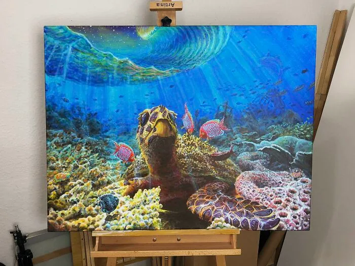 My Wife And I Went Swimming With Turtles On Our Honeymoon, So I Painted Her This For Our First Anniversary