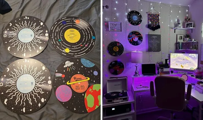 Vinyl records with cosmic designs and a workspace featuring vibrant lights and wall decor showcasing Dopamine Decor.