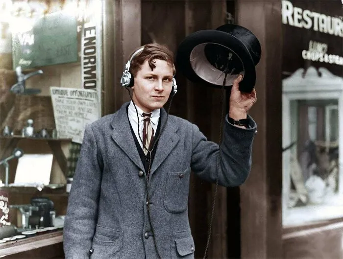 18 Year Old Inventor, H. Day, Wearing Headphones Attached To A Wireless Device Under His Top Hat, May 1922