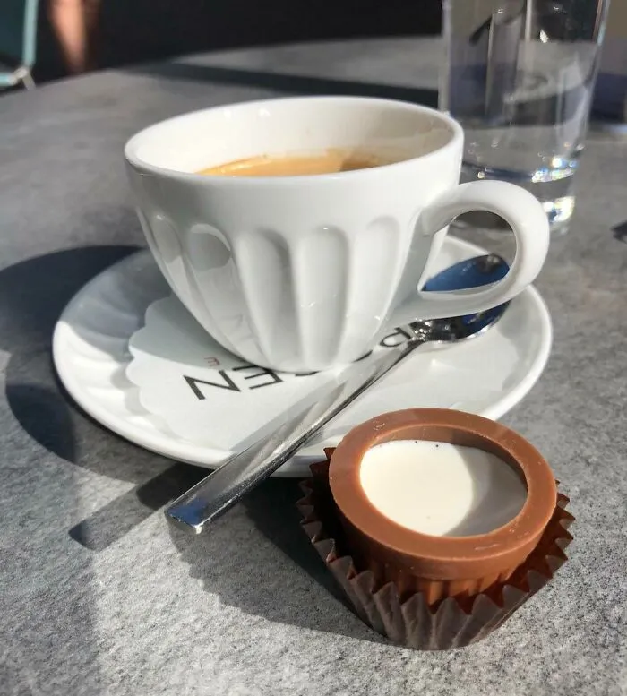 The Cream I Ordered With My Coffee At A Swiss Cafe Was Served Inside Of A Chocolate Treat