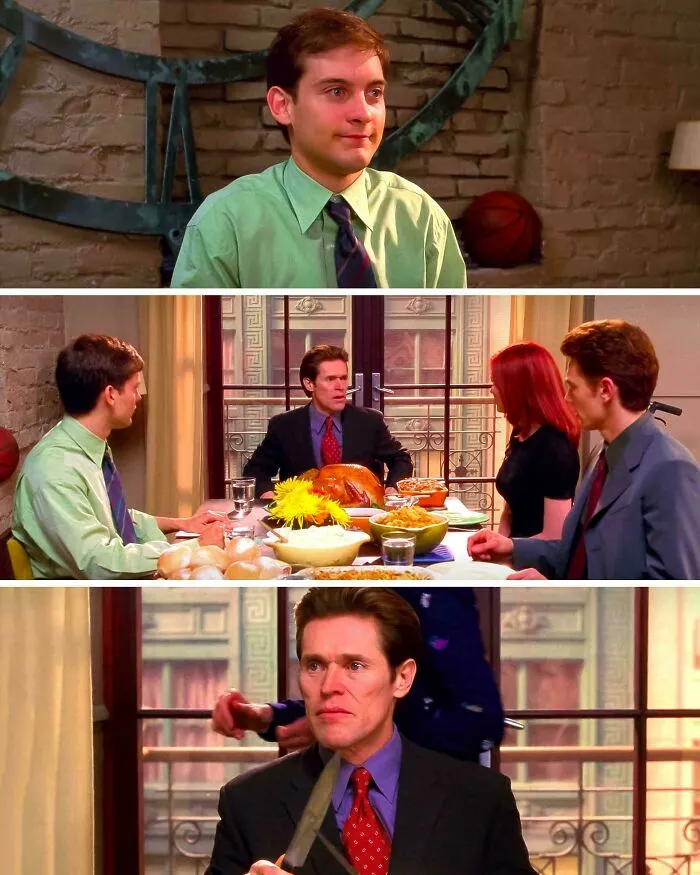 In Spider-Man (2002), During The Dinner, Peter Is Wearing Green Goblin's Colors And Norman Is Wearing Spider-Man's Colors. They Did This To Show Each Other That They Know About Their Secret Identity