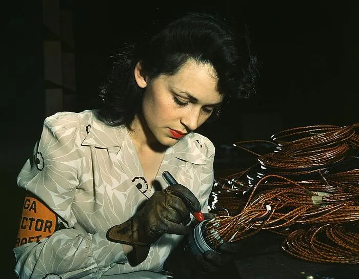 Woman Aircraft Worker, Vega Aircraft Corporation, Burbank, Calif. Shown Checking Electrical Assemblies, 1942 June