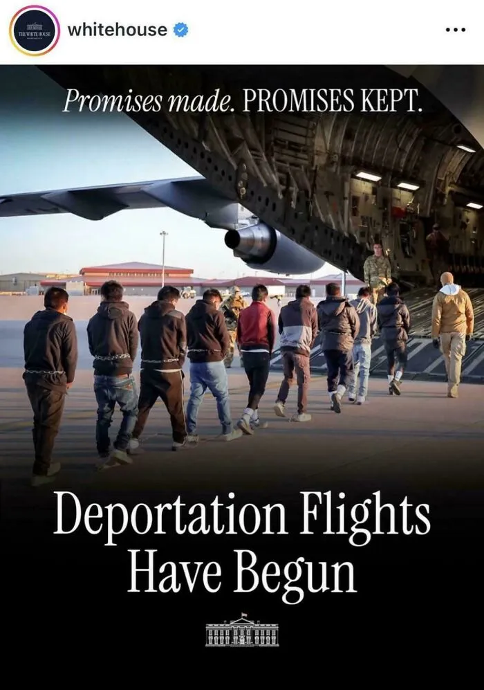 Group of people being escorted in handcuffs toward a military plane on a deportation flight in a modern life dystopia scene.