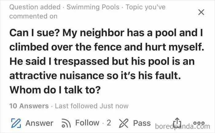 Question on Quora about suing neighbor over pool accident and attractive nuisance.