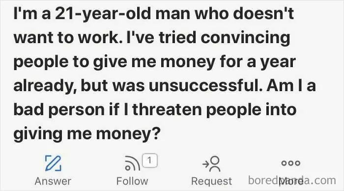 Text from Quora showing a weird question about threatening people for money.