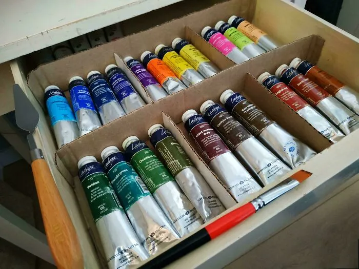 I Made This Storage Shelf Out Of A Cardboard Box And Sorted Paints By Colors/Usability. Does It Look Okay?