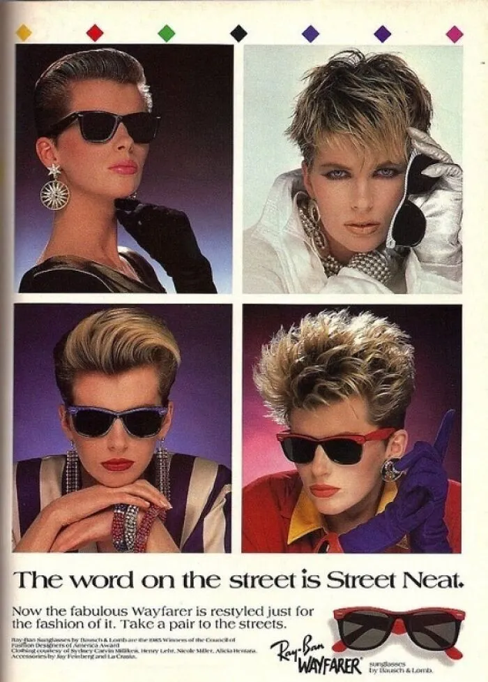 Vintage 80s fashion trends featuring bold sunglasses and edgy hairstyles in a Ray-Ban Wayfarer ad.