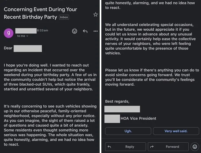 Hoa Freaks Out Over Black Suvs At Birthday Party
