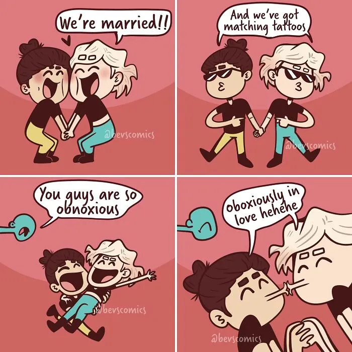 Comic about relationships featuring a couple celebrating marriage, matching tattoos, and playful banter.
