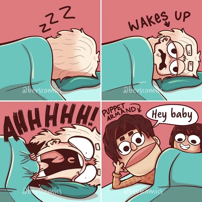 Comic strip about mental health and relationships, featuring a startled wake-up moment with a puppet saying "Hey baby."