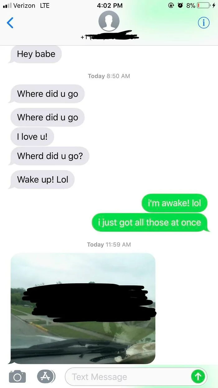 Chaotic dating app messages with frantic texts followed by an image of a blurred car view.