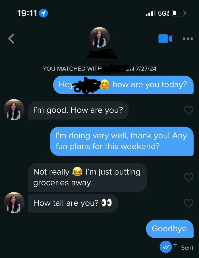 A chaotic dating app conversation about weekend plans and height ends with "Goodbye."