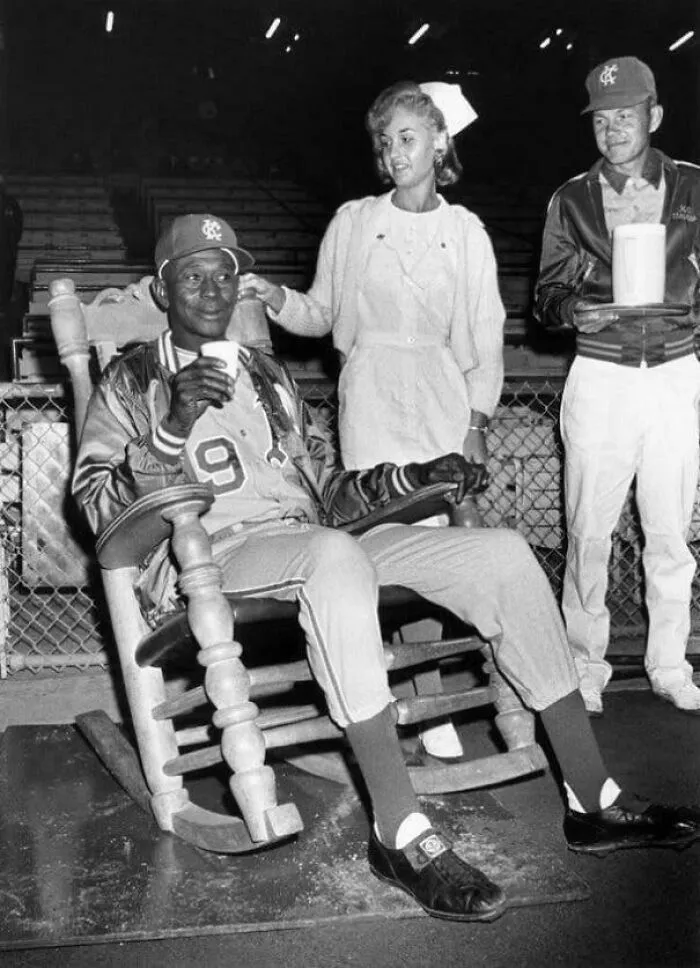 Satchel Paige At His Final Pro Baseball Game In Which He Pitched 3 Scoreless Innings For The Kansas City A’s In 1965 At The Age Of 59. An Easy Chair And A Nurse Were Provided In The Bullpen