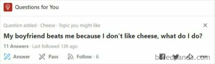 Quora screenshot showing a weird question about disliking cheese causing relationship issues.