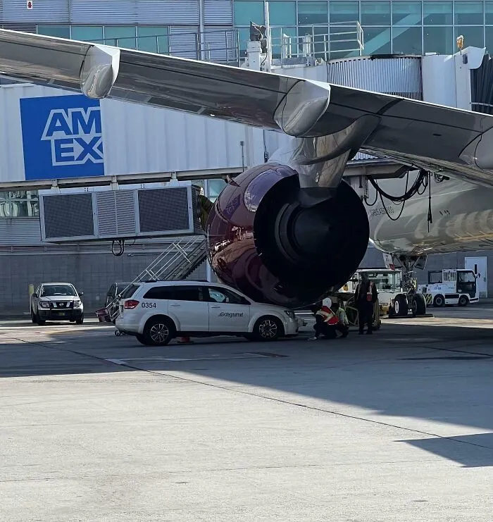 Ground Vehicle Drives Into The Enormous, Bright Red Port Nacelle Of Virgin Atlantic A350-1000 G-Vdot At Jfk