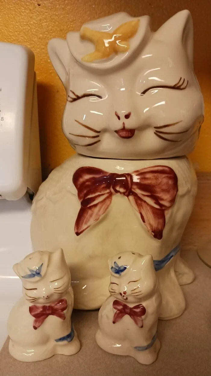 The Big Cookie Jar Belonged To My Grandma. I Got It After She Passed Away Over 24 Years Ago. I Found The Salt And Pepper Shakers Today At An Antique Store For $8.00. I Was Thrilled To Find Them
