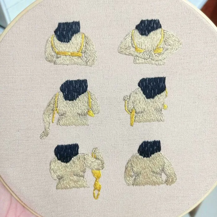 Embroidery showing six stages of a person braiding hair, stitched with black, yellow, and beige thread on fabric.