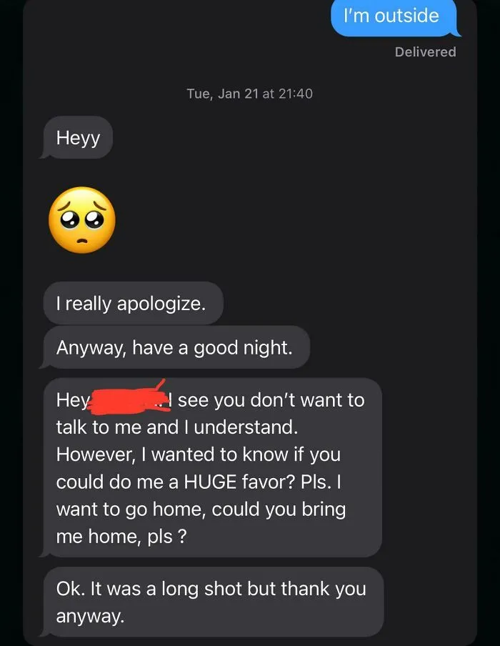 2nd Date, I Picked Her Up, She Said She Was Uncomfortable, I Took Her Back To Her Friends, 1-2 Hours Passed…then She Texts Me All This In Span Of 1 Hour