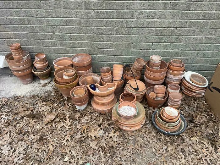 Collection of terracotta pots found while dumpster diving, stacked near a brick wall amidst fallen leaves.