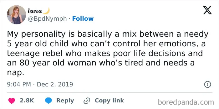 Tweet humorously describes a personality mix at different life stages, related to dating in your 30s.