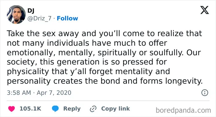 Tweet about dating in your 30s, highlighting emotional and spiritual connections over physicality in modern relationships.