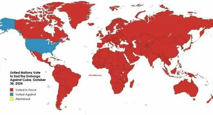 Map showing UN vote on Cuba embargo; most countries in red, a few in blue, indicating a "boring dystopia" scenario.