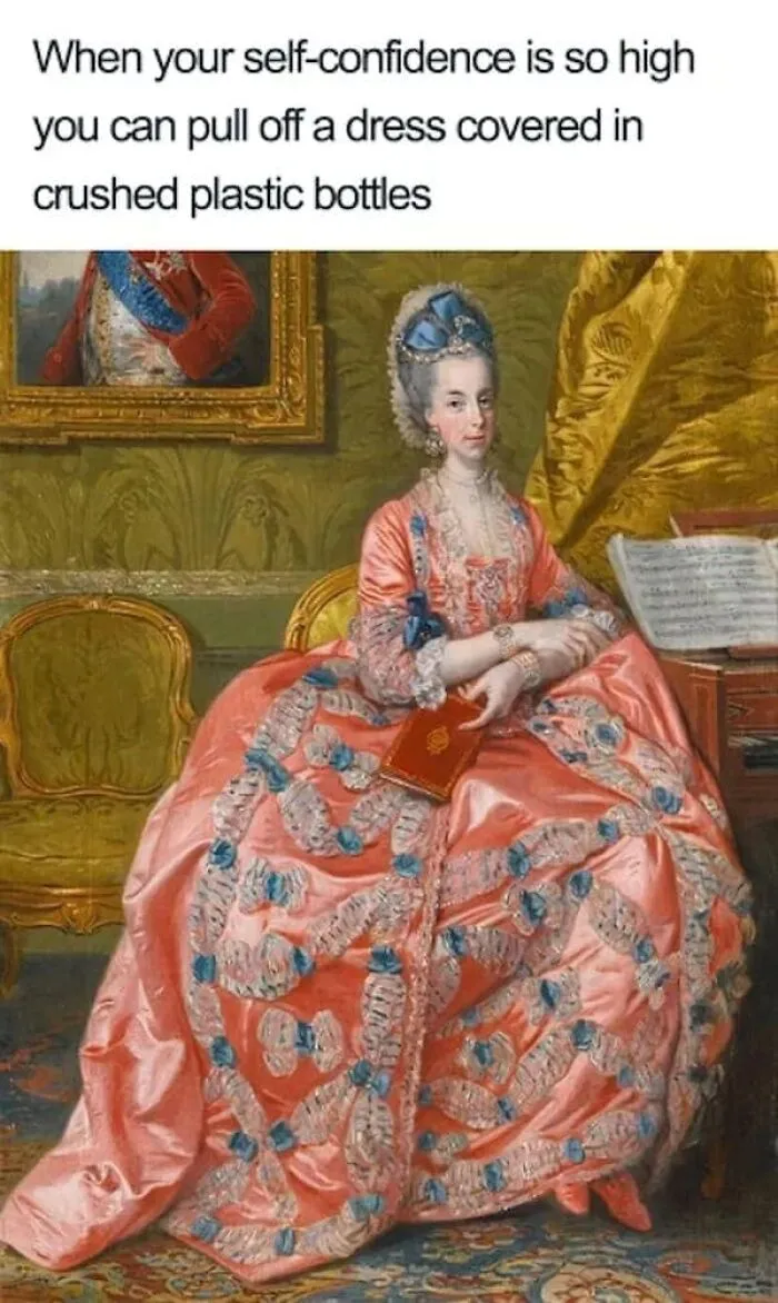 Classical art meme featuring a woman confidently wearing a dress humorously styled with plastic bottle patterns.