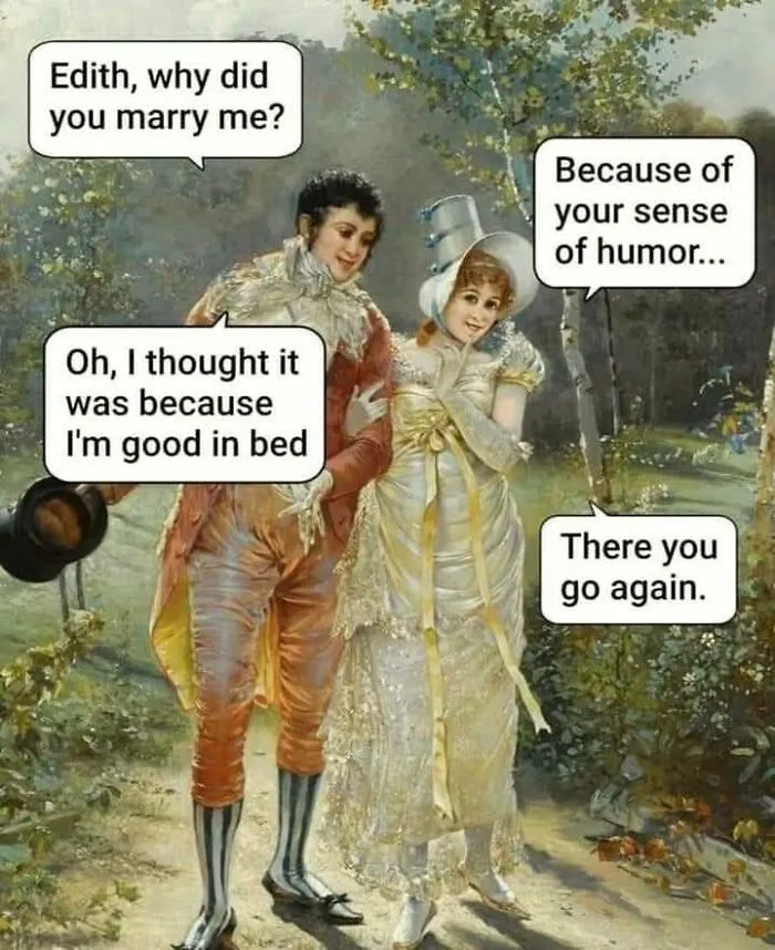 Classical art meme with a humorous text exchange between a couple walking in a garden.