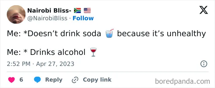 Funny post about moms, contrasting not drinking soda with drinking alcohol.