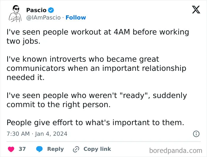 Tweet highlights dating struggles and motivations; reflects on unexpected commitment and personal growth with effort.